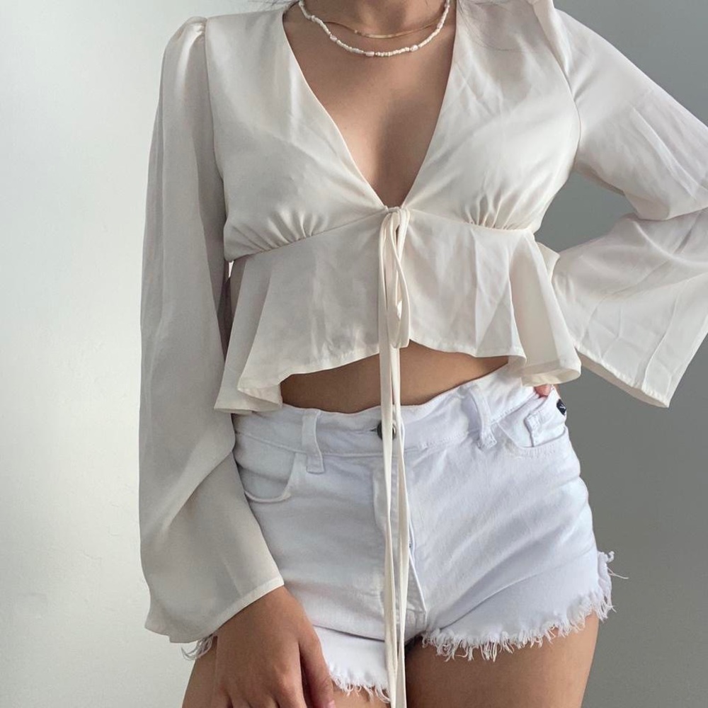 SHEIN Light Beige/Oatmeal Bell Sleeve Tie Front Peplum Top